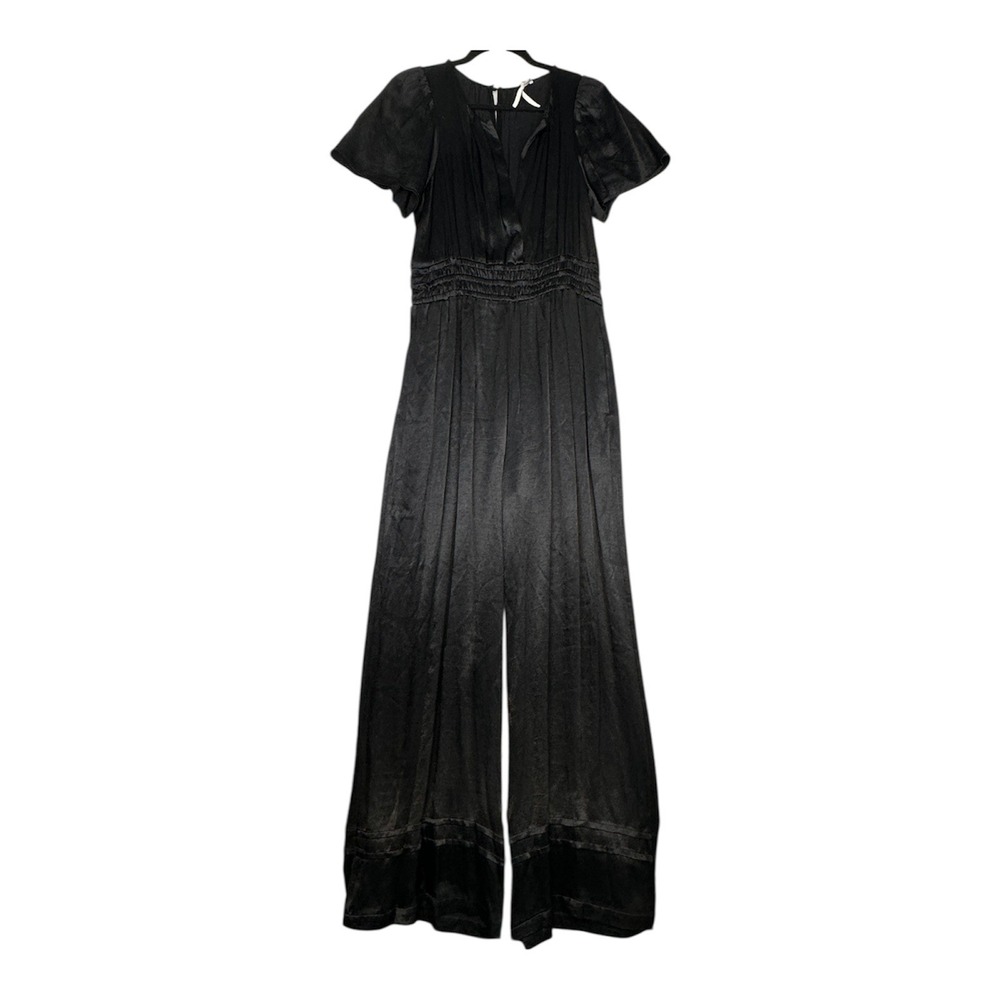 Anthropologie Pleated Satin Jumpsuit Black V Neck Short Sleeve Women's  size‎ S